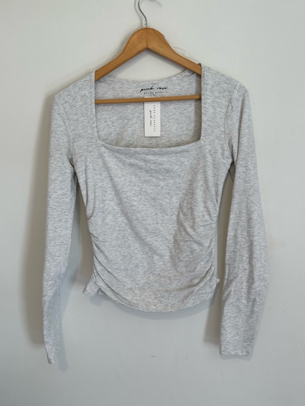 Pink Rose Square Neck Long Sleeve Top - Light Gray Heather